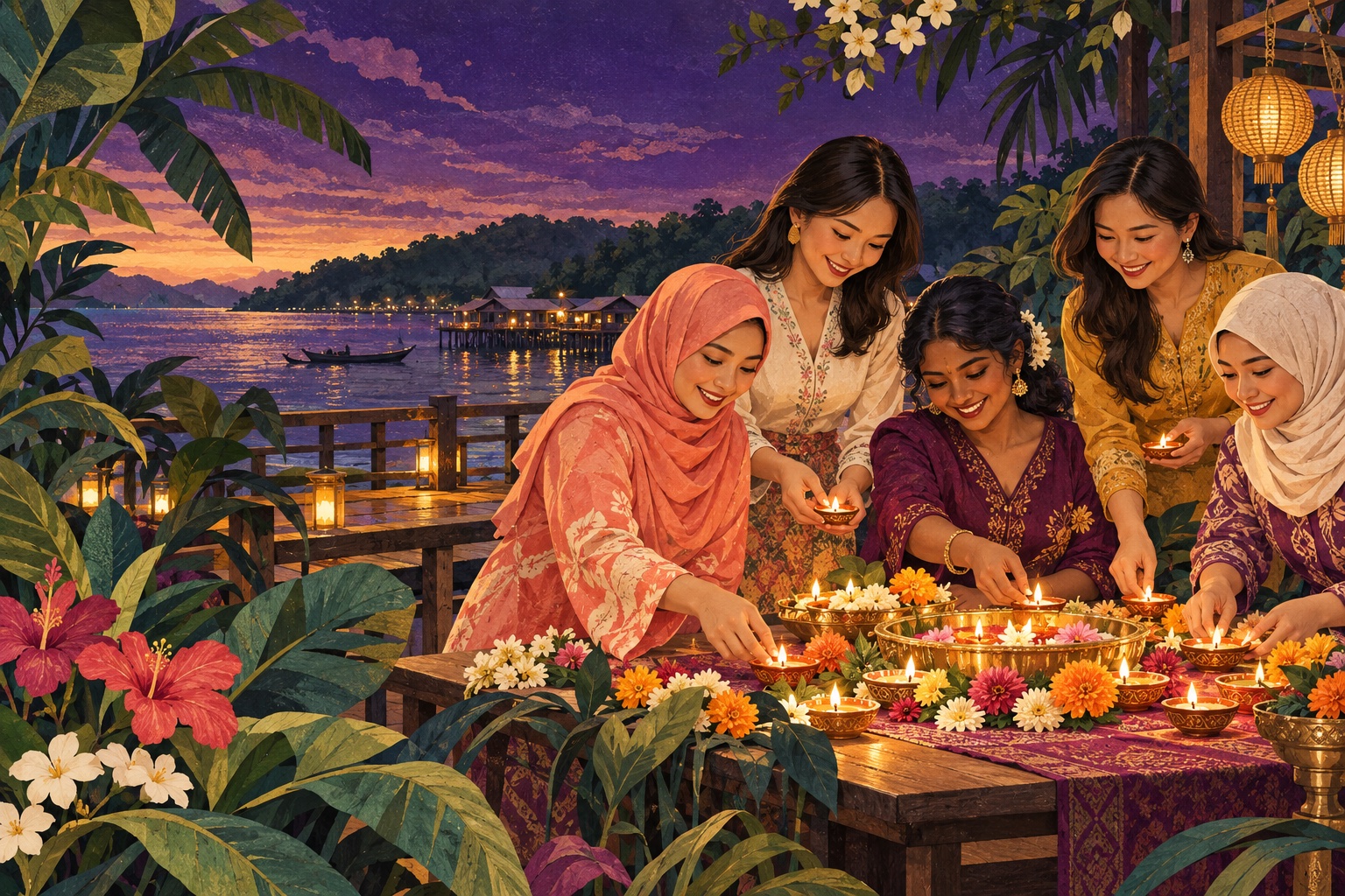 Illustration of women from different cultures preparing lamps beside a tropical bay