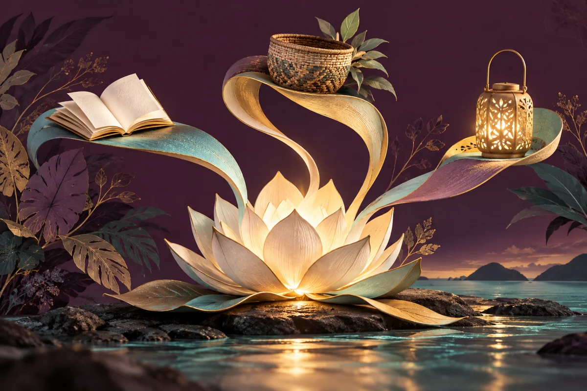 Symbolic lotus artwork connecting a book, basket and lantern