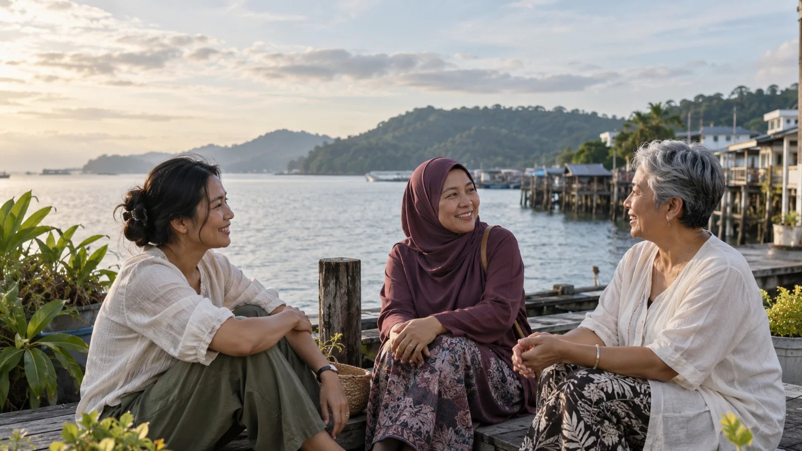 Ilustrasi tiga wanita berbual di tepi teluk